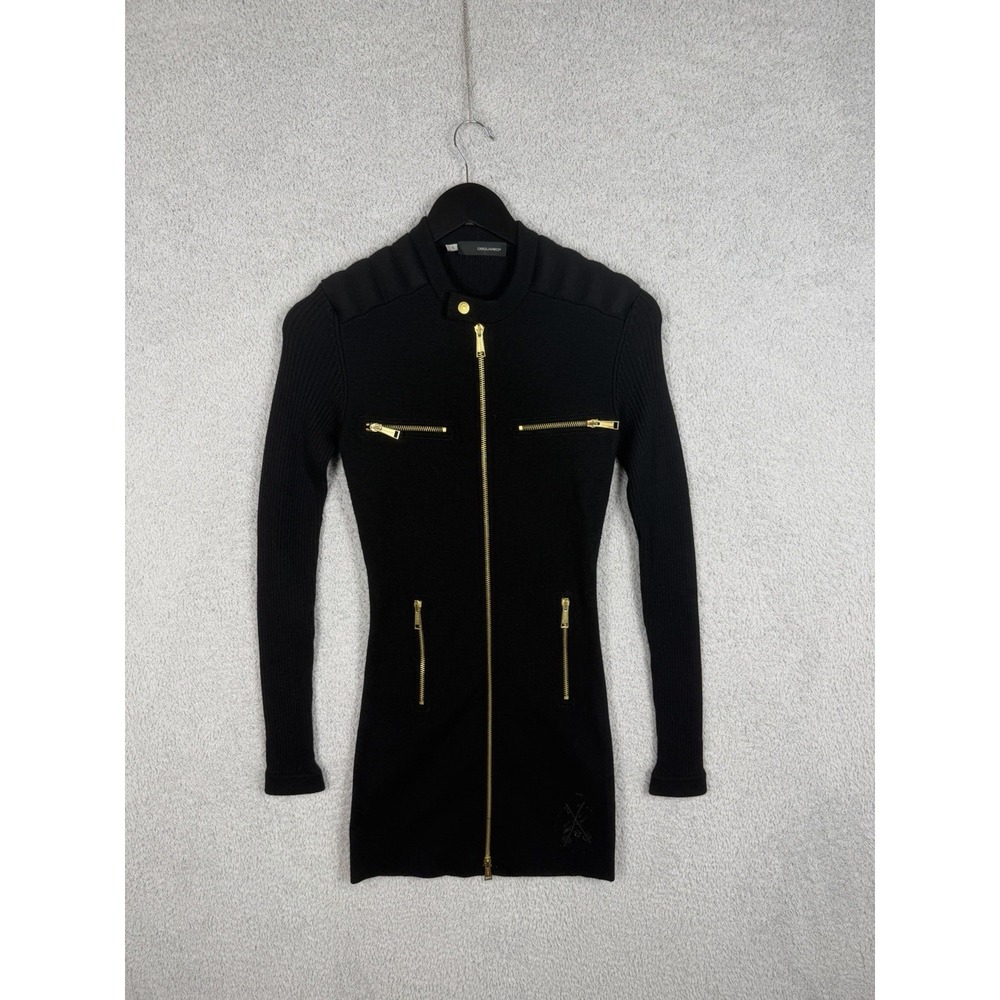 Dsquared2 100% Wool Knit Sweater Dress Black Gold Zip Women's S Made Italy